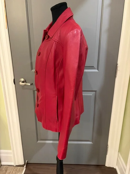 Danier Red Leather Button-Front Jacket - Picture 5 of 11